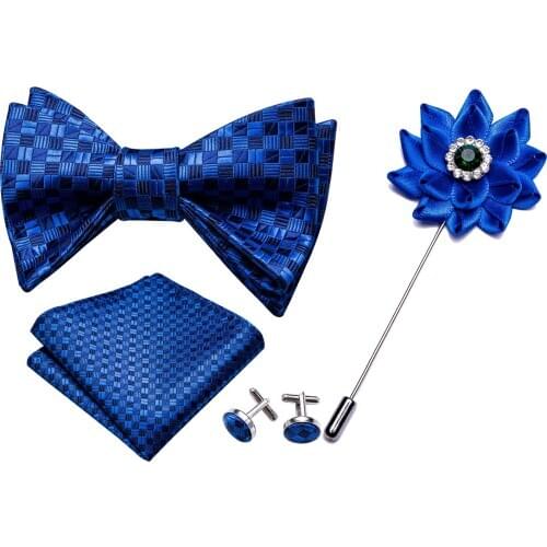 Men Navy Blue Bowtie Self-tied Bows Plaid Silk Tie Set Pocket Square Cufflinks Boutonniere Checked Tie for Wedding Barry.Wang