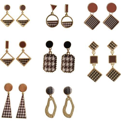 Temperament Women cloth Ear Clip Jewelry Korean Simple Trend Hounds tooth Lattice Fabric Geometric Square Long Clip Earrings