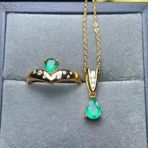 Emerald Jewelry Set Natural And Real Emerald Set 925 Sterling Silver Fine Jewelry 1pc Ring,1pc Pendant