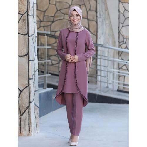 Women Two Piece Suit Tunic Trousers Muslim Islamic Combination New Season Crepe Fabric Made in Turkey Guipure Embroidered Dubai