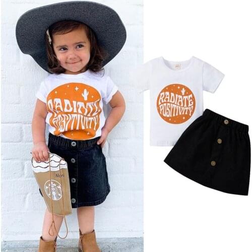 1-5Years Children Girls Summer Clothing Sets Fashion Kids Girls Outfits Letter Print Short Sleeve T-shirts+Button A-line Skirts