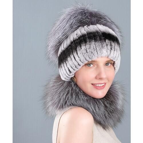 Fur hat female winter rex rabbit fur warm ear protection hat two-piece suit Korean fashion fox fur ball cap