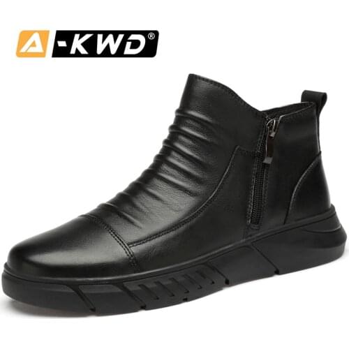 Fashiion Shoes 2019 Black Zipper Boots Man Keep Warm Fur Genuine Leather Steel Toe Boots Breathable Cool Single Mens Dress Boots