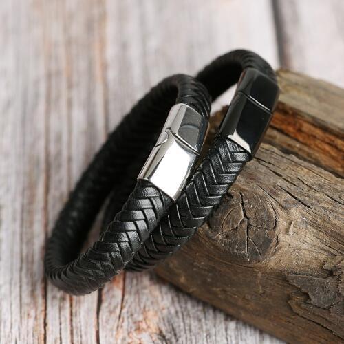 Genuine Leather Bracelets Men 12*6mm Stainless Steel Magnetic Clasps Cowhide Braided Wrap Trendy Bracelet Armband pulsera hombre