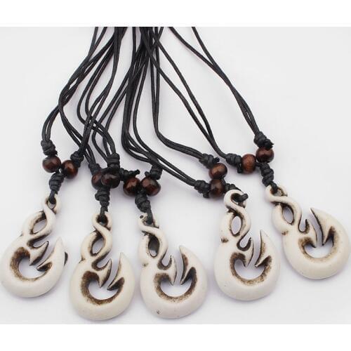 6pcs/lot Tribal White Carving Hook Pendant Necklace Wholesale Ethnic Faux Yak Bone Resin Necklace Jewelry