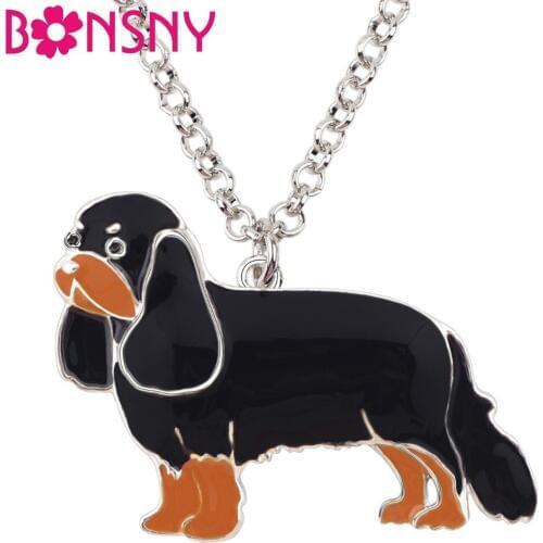 Bonsny Alloy Enamel Anime Cavalier King Charles Spaniel Dog Necklace Choker Collar Pendant Fashion For Women Girl Animal Jewelry