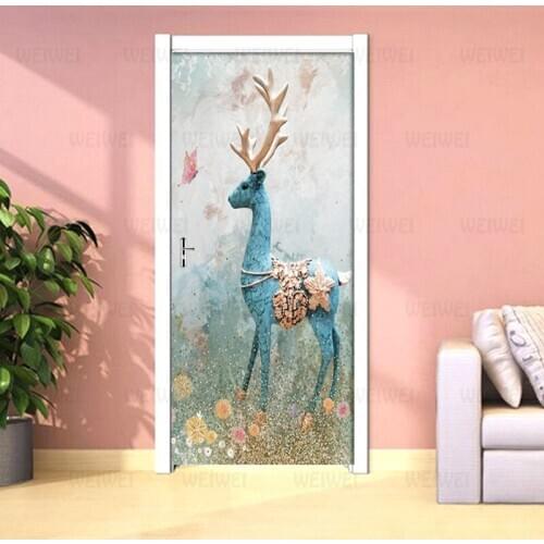 Removable Door Stickers Vintage Abstract Elk Mural Waterproof Living Room Bedroom Door Wallpaper DIY Self Adhesive Wall Decals