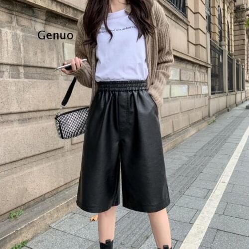 PU Leather Shorts Womens Autumn Summer Elastic Waist Loose Five Points Leather Trouser Shorts
