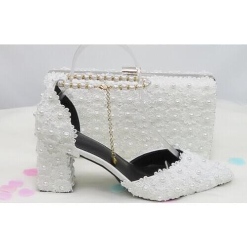 BaoYaFang White Beads Strap Pearl wedding shoes Bride Pointed Toe Square Thick High Heel Party dress shoes and bag set