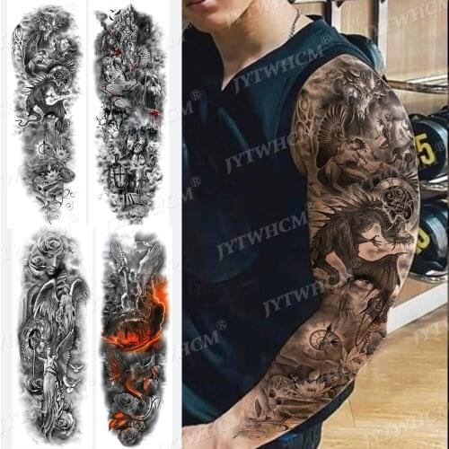 Big Arm Tattoo Sleeve Crown Wolf Rose Skull Waterproof Temporary Tattoo Sticker Demon Angel Flash Body Art Fake Tattoo Women Men