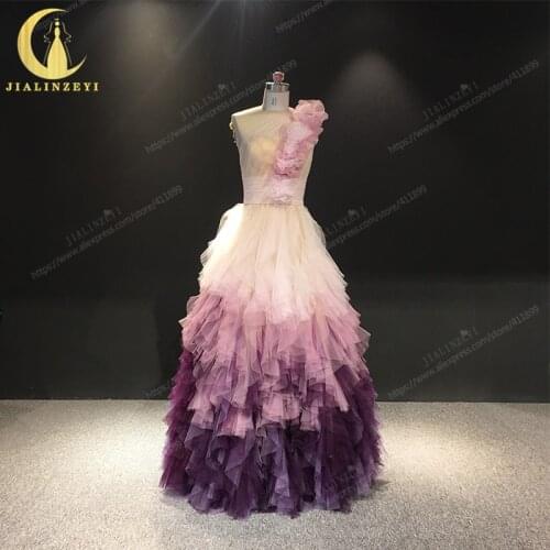 JIALINZEYI Real Sample One Shoulder Purple Pleats Floor Length witn Flowers formal Dress for Party Evening Dresses