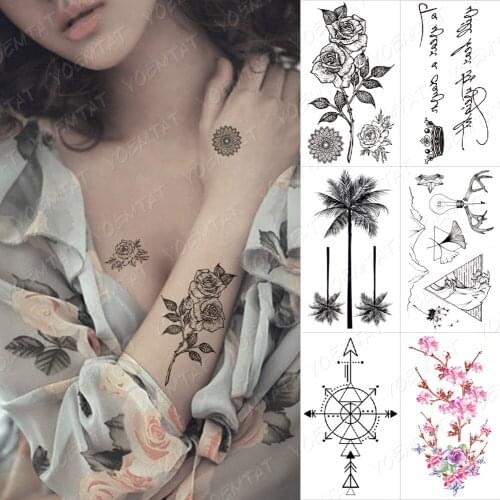 Waterproof Temporary Tattoo Rose Flower Leaf Crown Letter Tatto Sticker Coconut Tree Flash Tatoo Arrow Hand Fake Tatto Women Kid
