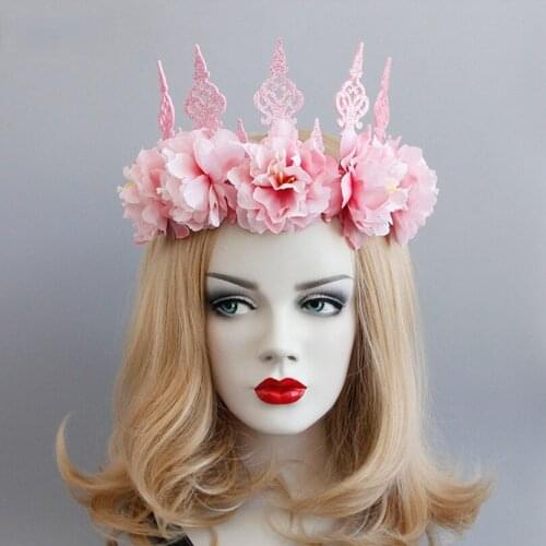 Pink Flower Crown Headdress For Women Girls Princess Ribbon Headband Female Neo-Gothic Fashion Wedding Party Hair Jewelry 2019