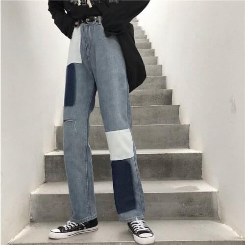 Bella philosophy Streetwear Patchwork Contrast Block Straight Jeans Women Vintage High Waist Hole Denim Pants Ripped Trousers