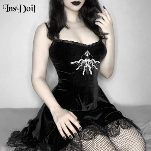 InsDoit Goth Sexy Black Purple Dress Women Vintage Velvet A Line Lolita Dress Embroidery Aesthetic Punk Gothic Club Party Dress
