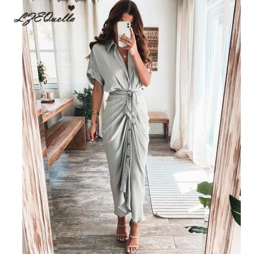 LZEQuella Women Solid Color Long Dress Short Sleeve Belt Dresses Sexy V Neck Sashes Vestidos 2020 Ladies Clothes NZ3838