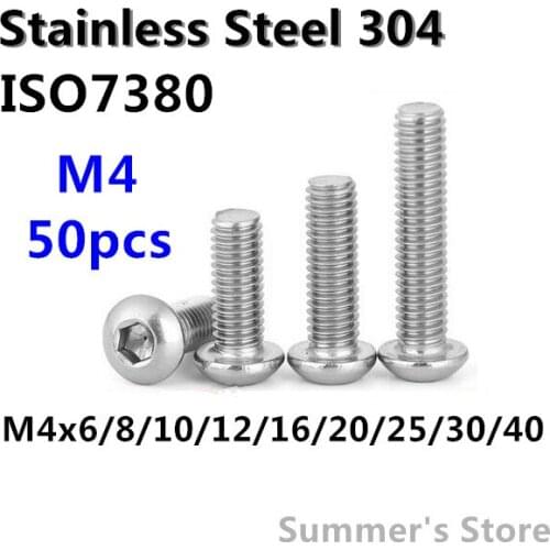 50pcs/lot ISO7380 M4 Stainless Steel Hex Socket Button Head Screws M4*6/8/10/12/16/20/25/30/35/40mm mushroom head screw bolt