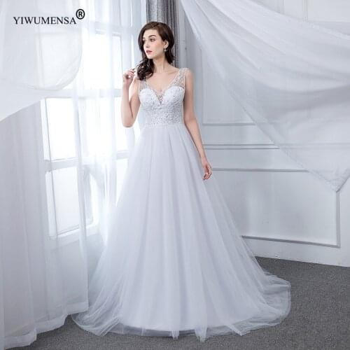 A22 Puffy Tulle Lace Beach Wedding Dress 2020 Crystals Beading V Neck Robe De Mariee Backless Bridal Gowns Custom Made Cheap