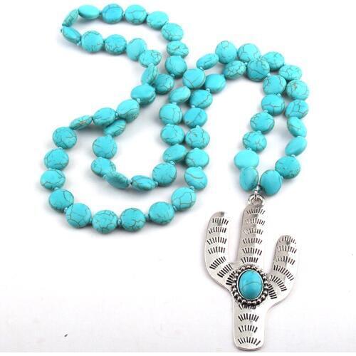 Free Shipping Bohemian Jewelry Flat Blue Stone knotted Cactus Charm Pendant Necklace For Women Ethnic Necklace