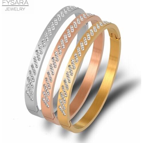 FYSARA Trendy Gold Color Statement Bangles for Women Fashion CZ Crystal Bangles Steel Wedding Cuff Bracelet Jewelry Bijoux Gift