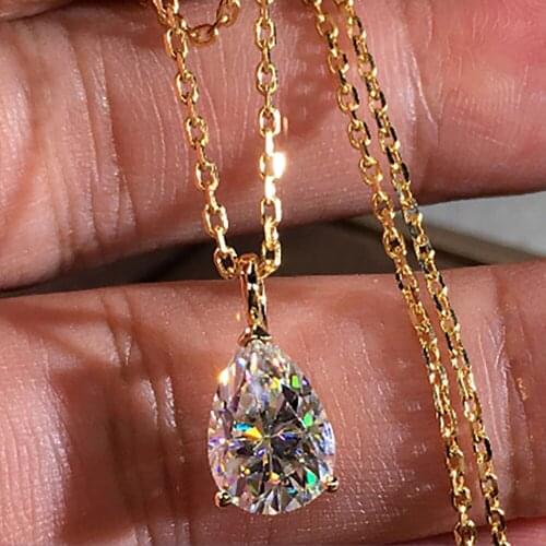 18K Yellow Gold Women Pendants Necklaces Moissanite Diamond 0.5 1 2 3 Carat Pear Water Drop Wedding Anniversary Engagement Party