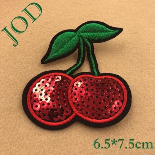 JOD 6.5*7.5cm DIY Cherry Sequin Embroidery Patch Applique Clothing Stickers Iron on Patches for Clothes Decorative Badges Fruit