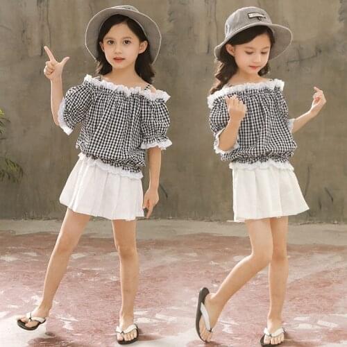 Girls Summer Clothing set 2019 Fashion Childrens Wear New Girl Lace Plaid T-shirts Shorts Princess 2pcs Suits for kids 4-14T