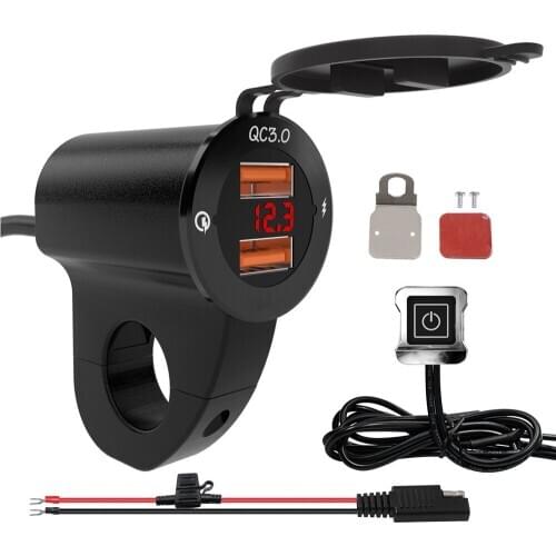 Aluminum Alloy Motorcycle Bracket QC3.0 Dual USB Fast Charge Digital Display Voltage with Switch