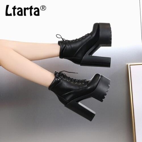 LTARTA 14cm Heels Women Ankle Boots Platform Square Heels Super High Heels Boots Lace-UP Casual Shoes Boots Round Toe ZYW