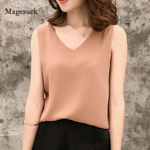 Fashion 2021 Sleeveless Tank Tops Women Sexy V-neck Plus Size Ladies White Top 3 Colors Wild Slim Chiffon Blouse Blusa 0376 40