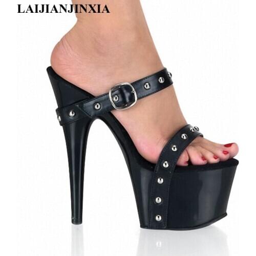 New High Platform Open Toe Wedges Shoes 7 Inch Rivets High-Heeled Shoes 17cm Sexy Dance Shoes