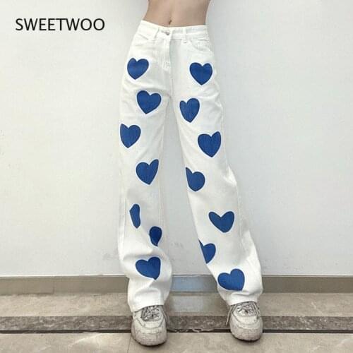 Heart Print Casual Straight Jeans Women High Waisted Streetwear Loose Denim Pants Pockets Vintage Capris Harajuku Summer