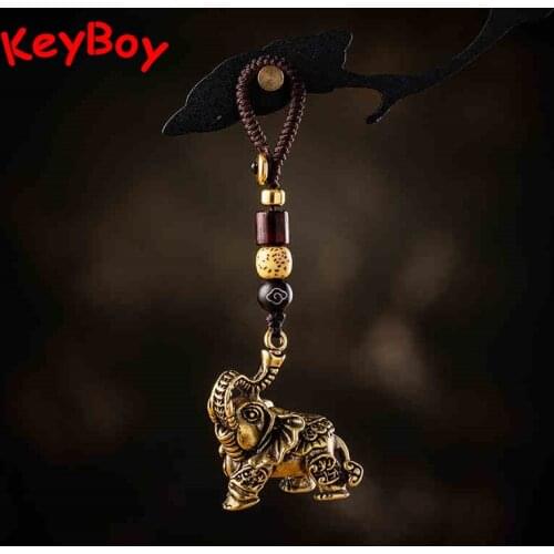 Lucky Elephant Handmade Pure Brass Men Car Key Chain Hanging Braided Rope Copper Animal Figurine Keychain Pendants Retro Keyring
