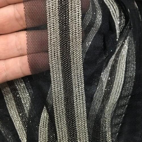 2Yards/lot Silver Gray Beaded Copper Chain Fringe Lace Trim Black Mesh Ribbon for Fashion Collar Belt DIY Sewing Accessories