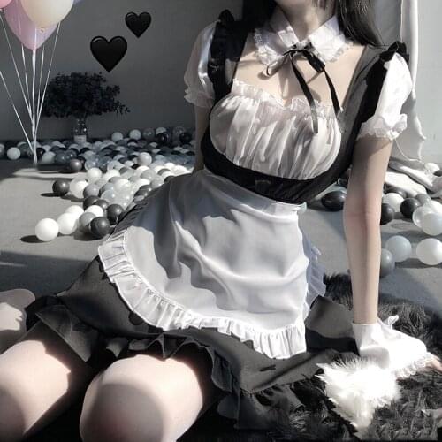 Sexy Cute Lace Up Black and White Maid Dress Role Play Costume Transparent Chiffon Cosplay Anime Uniform Temptation Suit