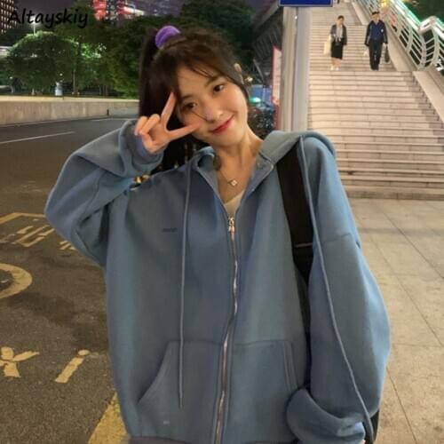With Hat Hoodies Women Simple Letter Casual All-match Autumn New Trendy Teens Sweatshirts Korean Popular Zip-up Womens Outerwear