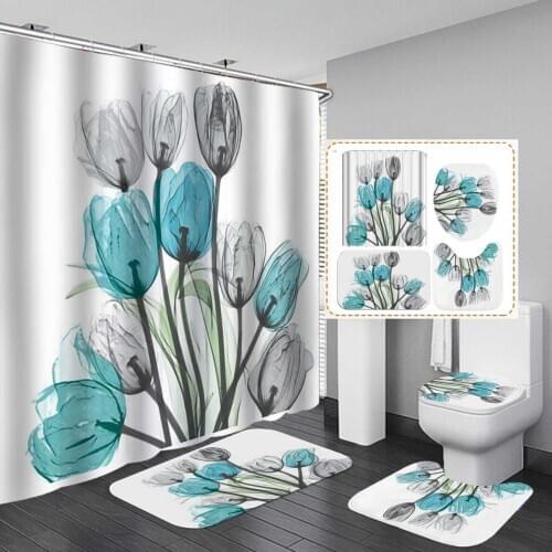 180x180cm Waterproof Flowers Shower Curtain Sets +Non-Slip Rugs Toilet Lid Cover and Bath Mat