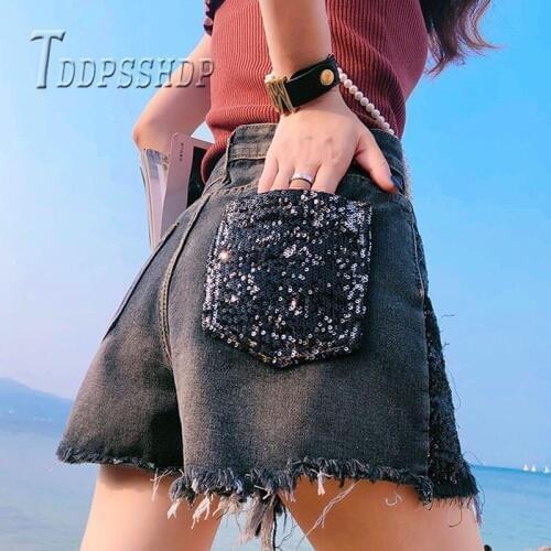 2019 Loose Sequin High Waist Denim Women Shorts Summer Sexy Female Shorts