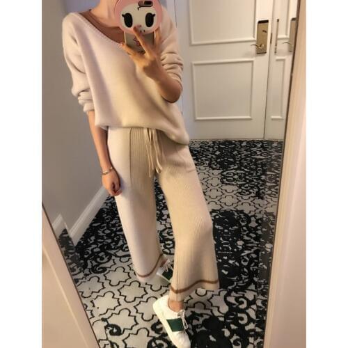 2020 O-neck Full Promotion Womens Cashmere Suit Round Neck Pullover Sweater And Loose Knit Pants Two Sets Of Thick Wide Leg