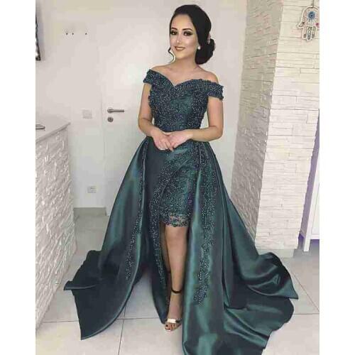 Off Shoulder Evening Dress Luxury Long Prom Dubai 2021 Beaded Sequin Arabic Style Women Emerald Green Formal Evening Gowns