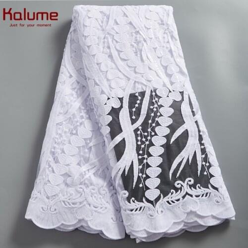 Kalume White Lace Fabric 5 Yards African Nigerian Tulle Lace And Fits Sequins High Quality For Diy Stain Dress Sew Wedding H2542