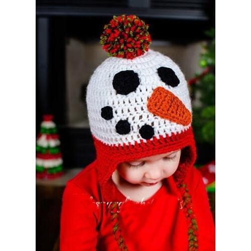 Free shipping, white with red Baby snowman hat,Crochet baby cartoon hat / Newborn to Toddler Crocheted Hat , baby Earflap hat