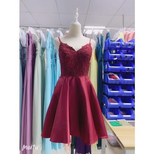 Burgundy satin lace 2020 homecoming dress new luckgirls Embroidery print V-neck knee-length beauty Party Homecoming Dresses