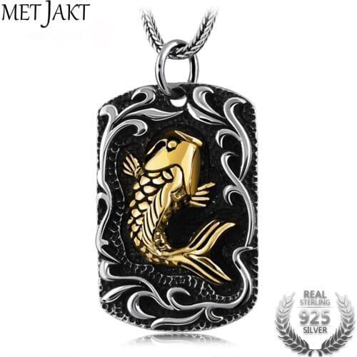 MetJakt 925 Sterling Silver Gold Fish Pendant and Silver Snake Chain Necklace Men and Women Lucky Wealth Pendant Jewelry