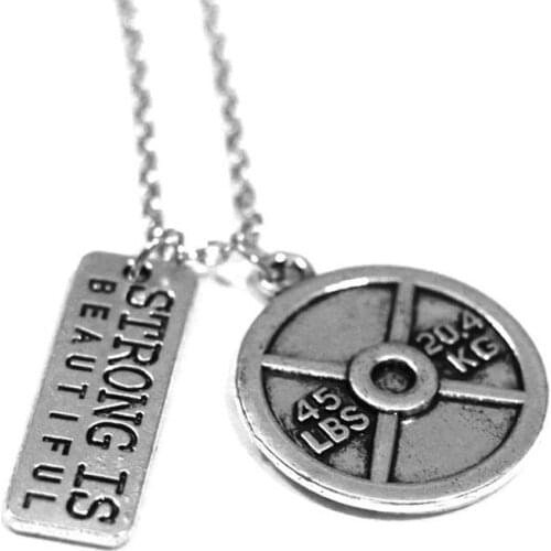 Strong Is Beautiful 45 LBS 20.4KG Dumbbell Charm Pendant Necklace Women Men Jewelry Gifts Choker Necklace Silver Plated Chain