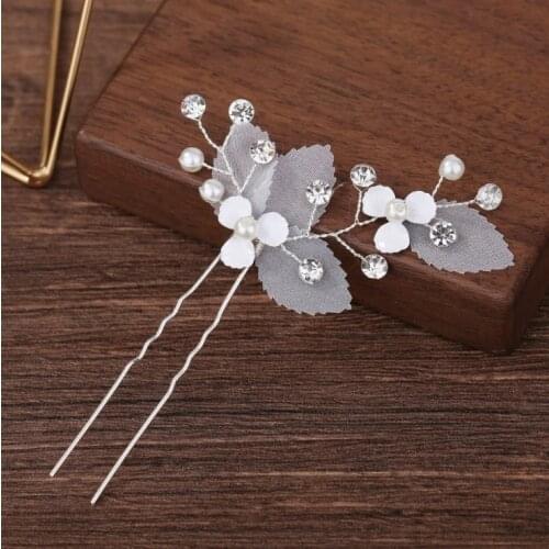 Elegant Bridal Bridesmaid Wedding White Flower Hair Pins Clips Silver Color Rhinestone Faux Pearl Hair Jewelry Accessories