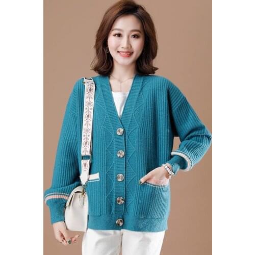 Women Cardigan Knit Sweater Vintage Stylish Patchwork Slim Crop Top Fashion V-Neck Long Sleeve Outerwear with pockets ZZ0863