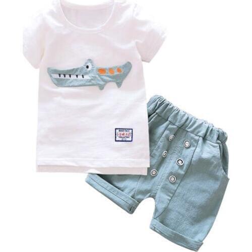 2pcs Set Cartoon 3D Dinosaur embroidery Baby Boy Kids New Summer Cotton Short-Sleeve Stitching T-shirt + Pants For Children