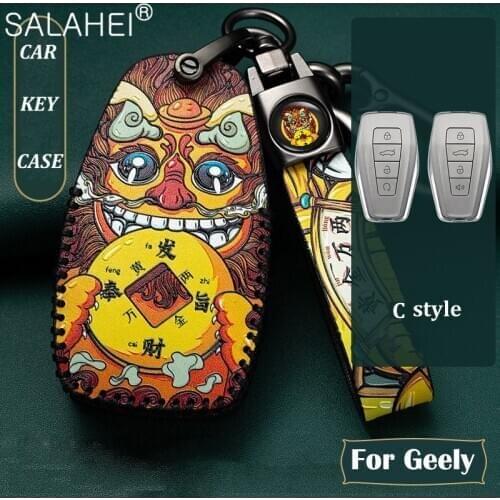 Leather Car Remote Key Case Cover Holder Shell For Geely Coolray 2019-2020 4 Buttons Car Styling Accessories Fob Buckle Keychain