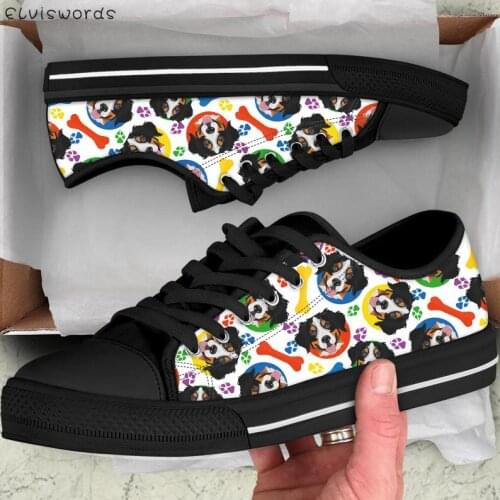 ELVISWORDS Cute Animal Mountain Dog Paw Prints Women Canvas Sneakers Vulcanized Lace-up Walking Comfortable Ladies Zapatos Mujer
